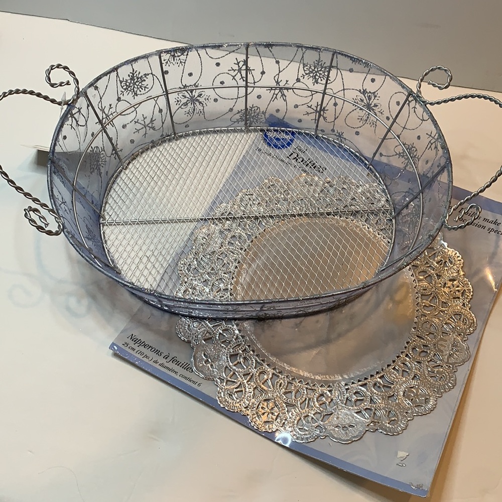 Silver & Blue Metal Basket with WILTON Silver Foil Doilies